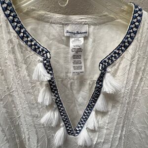 Tommy Bahama Cream and Navy Tassel Dress Size Large 100% Cotton